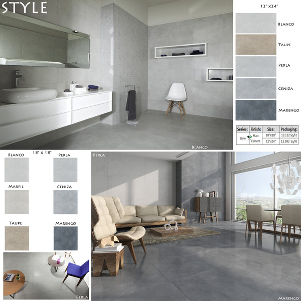 Style 12x24, 18x18 Cement Look Porcelain Collection